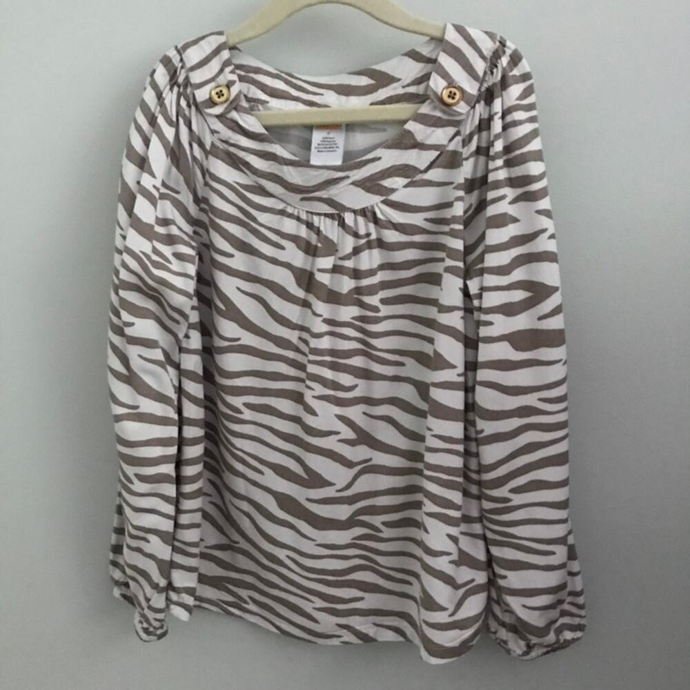Girl's Gymboree Animal Top Shirt Blouse Zebra Tan White Flowy Scoop Pleats 7